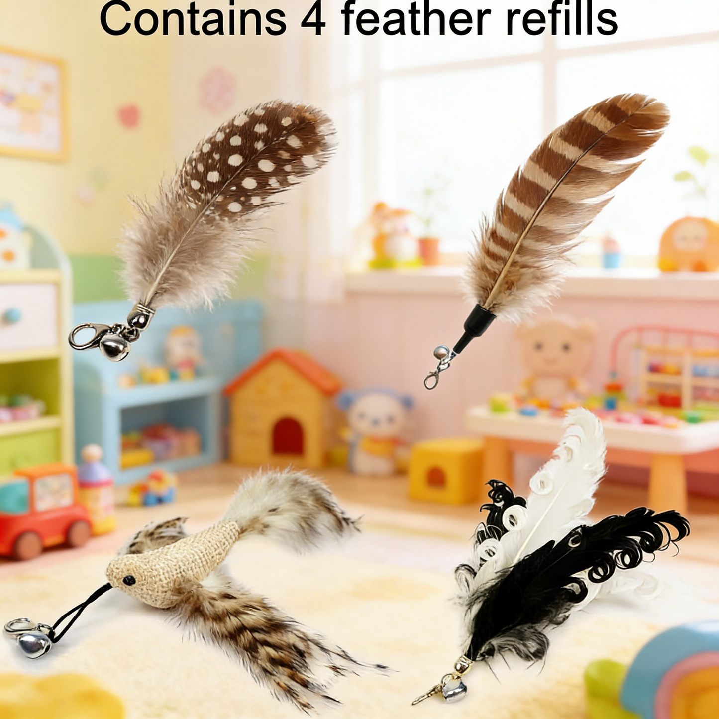 35" Retractable Cat Teaser, Bird Simulation Design with 4 Spare Feather Attachments