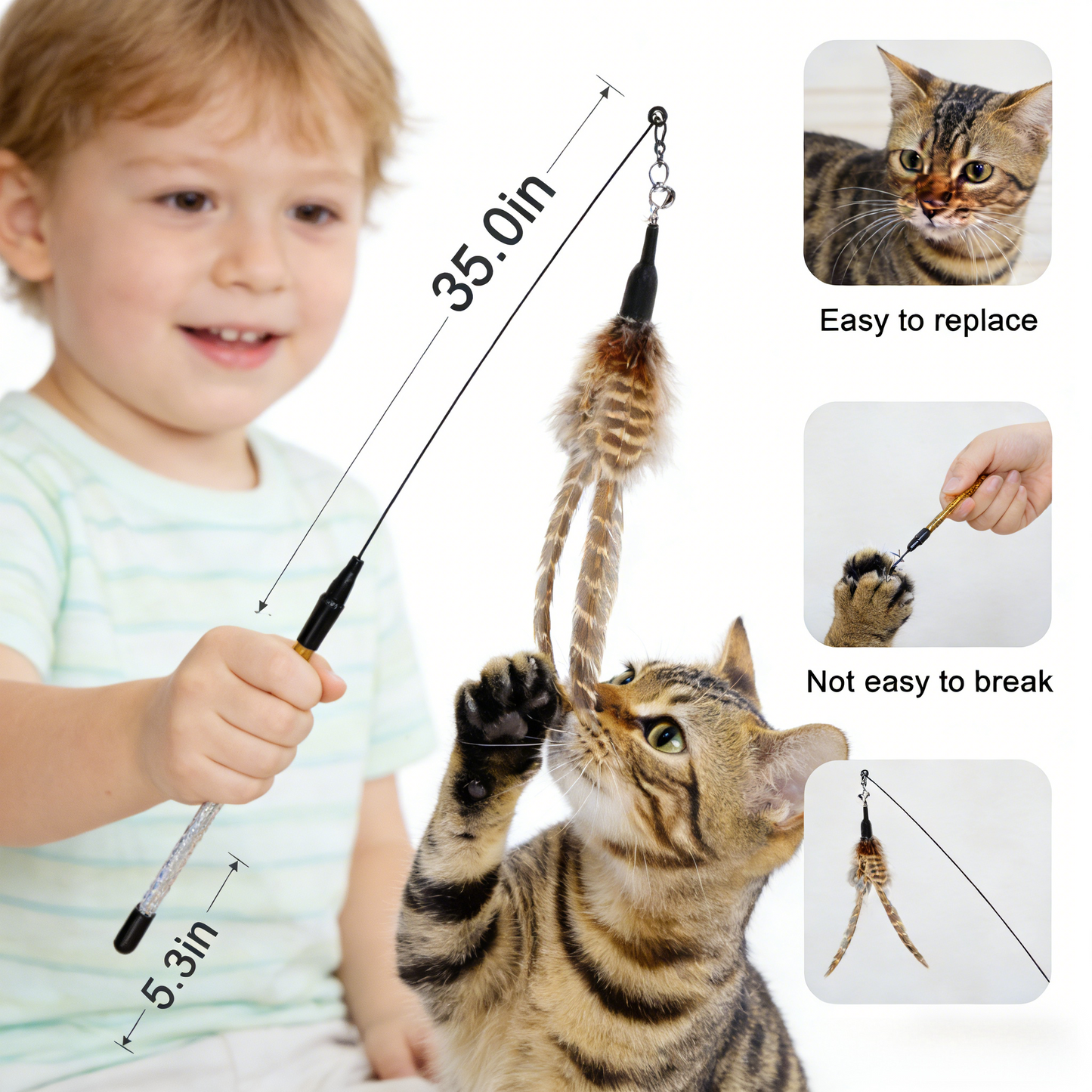 35" Retractable Cat Teaser, Bird Simulation Design with 4 Spare Feather Attachments