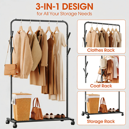 3-in-1 Rolling Garment Rack: Versatile Storage for Your Wardrobe